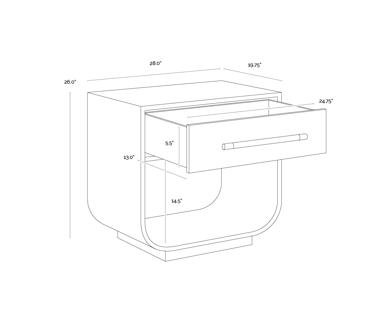 A wireframe image of the product with dimensions shown