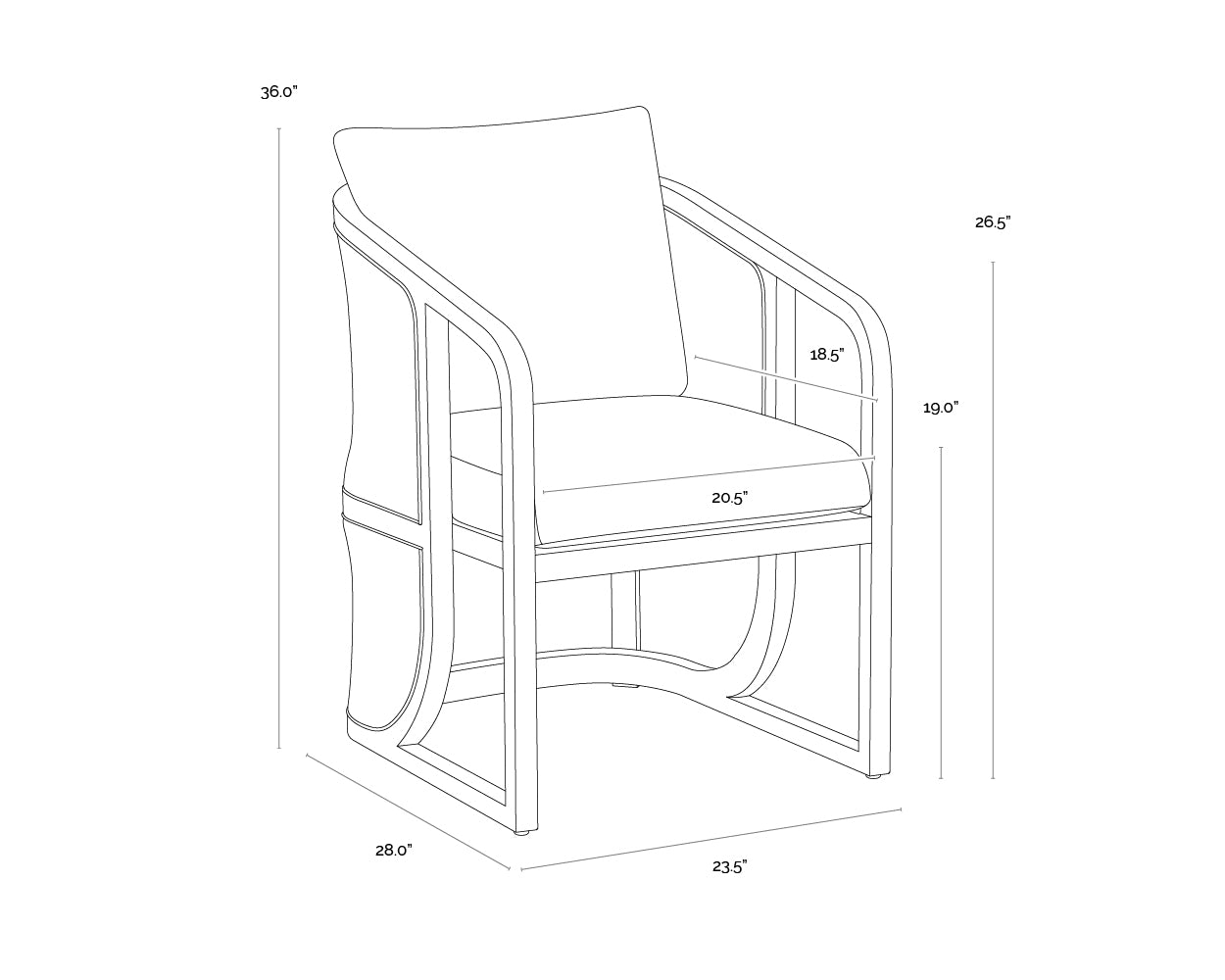 A wireframe image of the product with dimensions shown