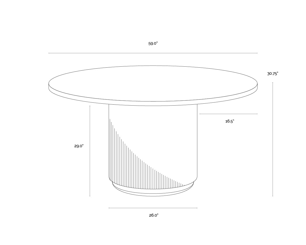 A wireframe image of the product with dimensions shown