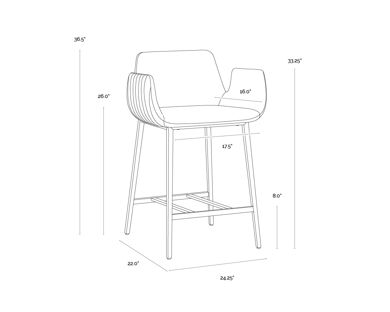 A wireframe image of the product with dimensions shown