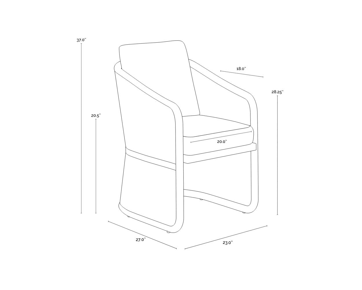 A wireframe image of the product with dimensions shown