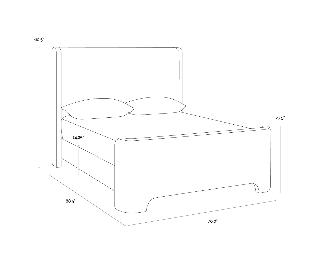 A wireframe image of the product with dimensions shown