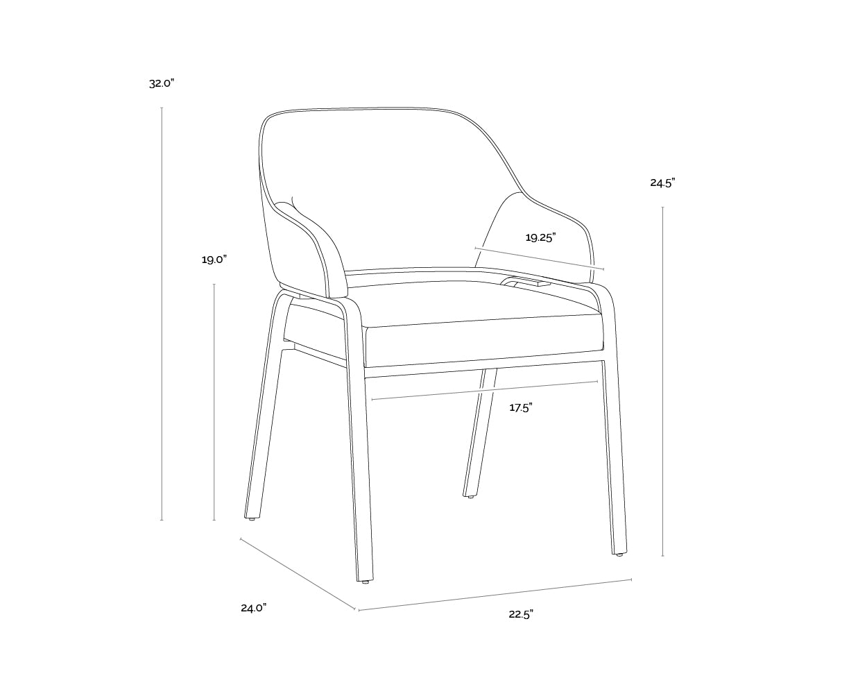 A wireframe image of the product with dimensions shown