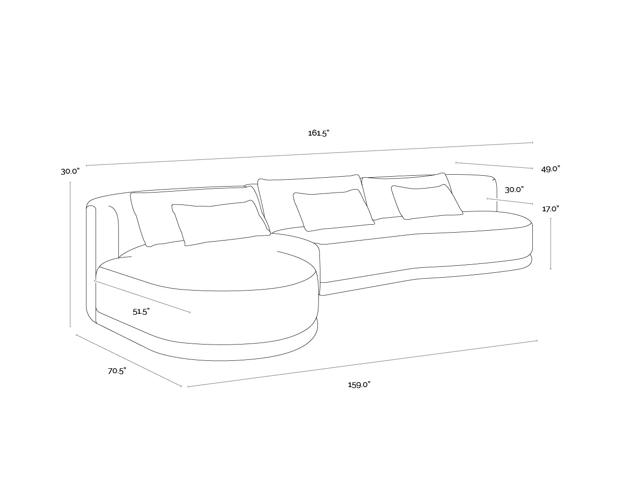 A wireframe image of the product with dimensions shown