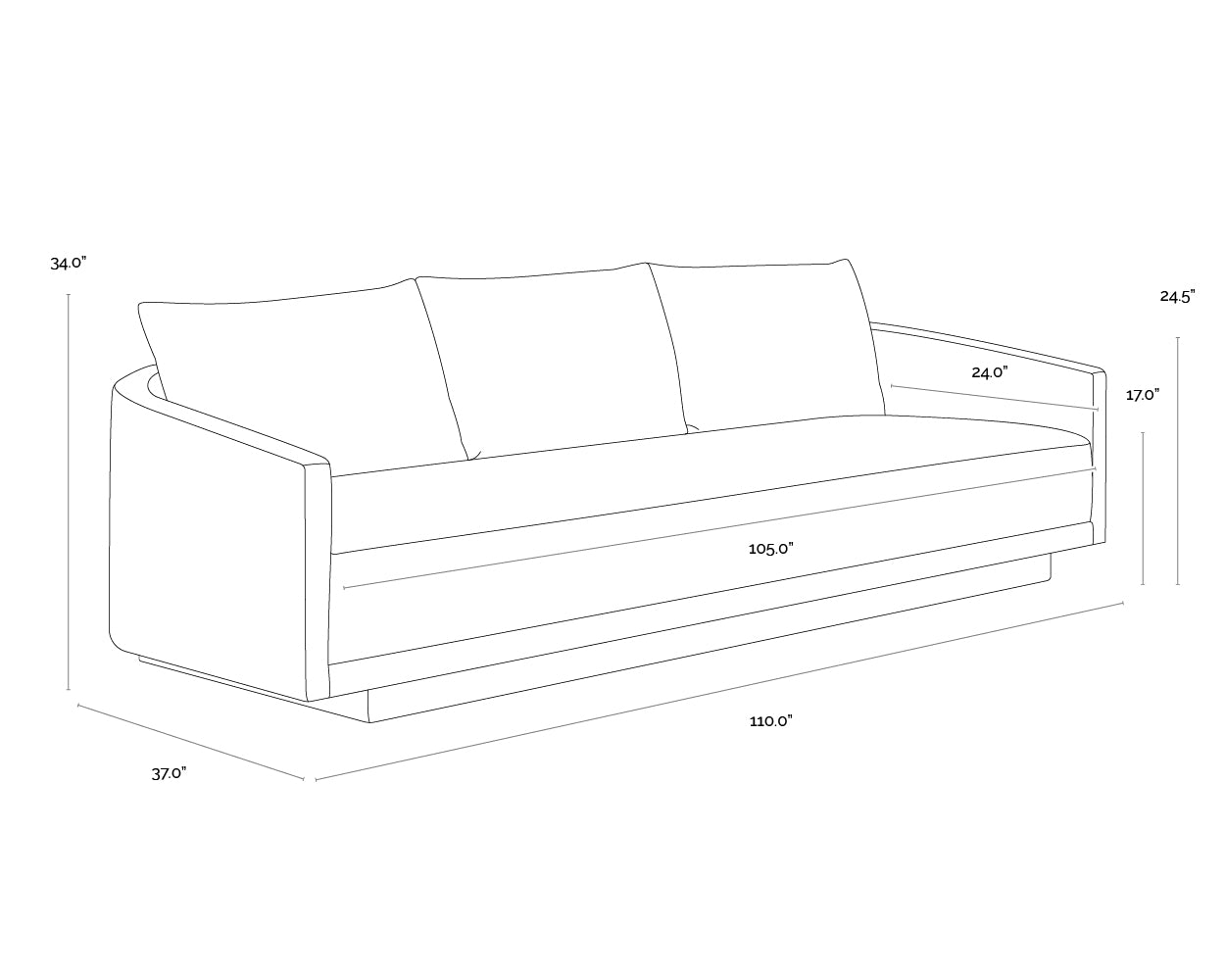 A wireframe image of the product with dimensions shown