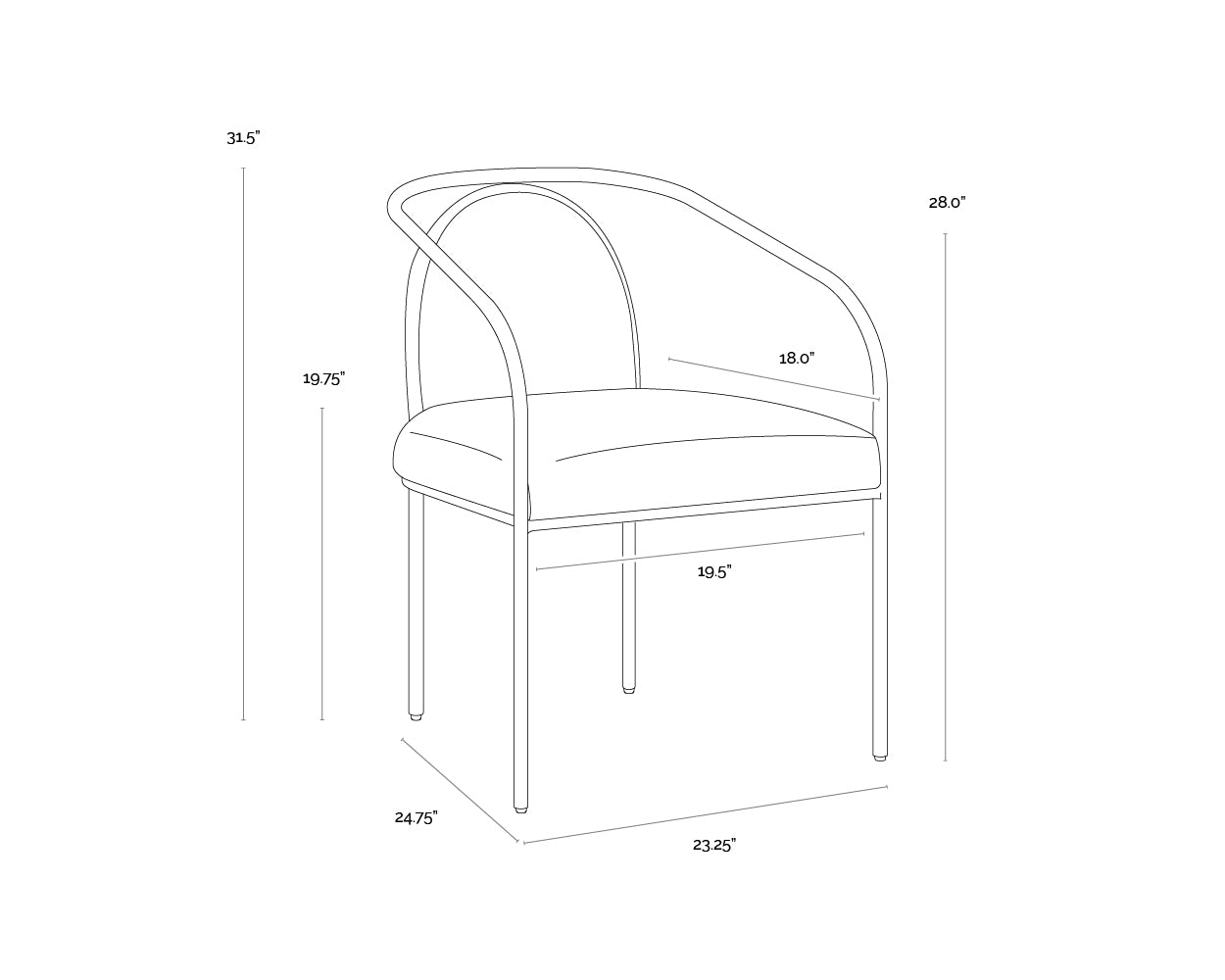 A wireframe image of the product with dimensions shown