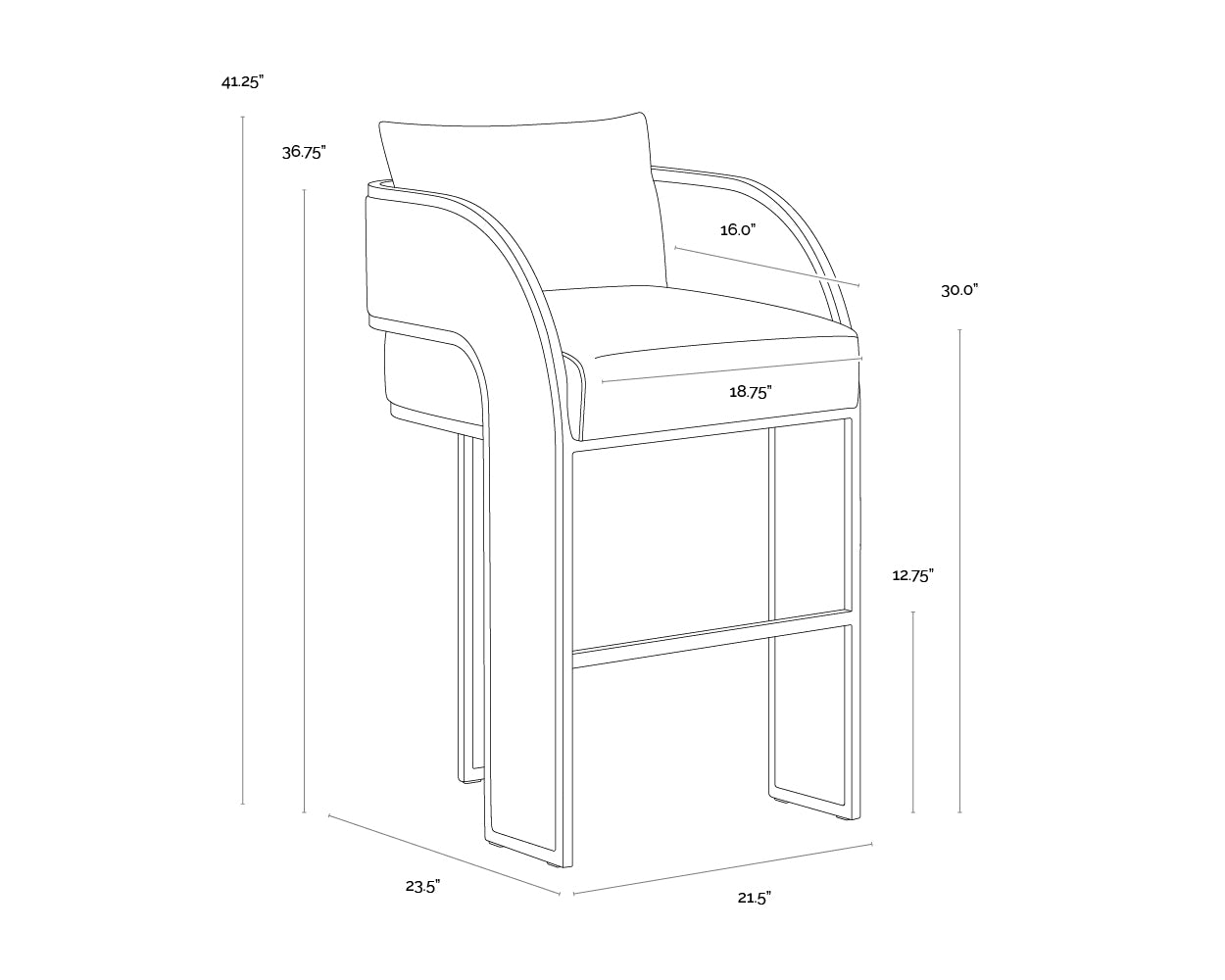 A wireframe image of the product with dimensions shown