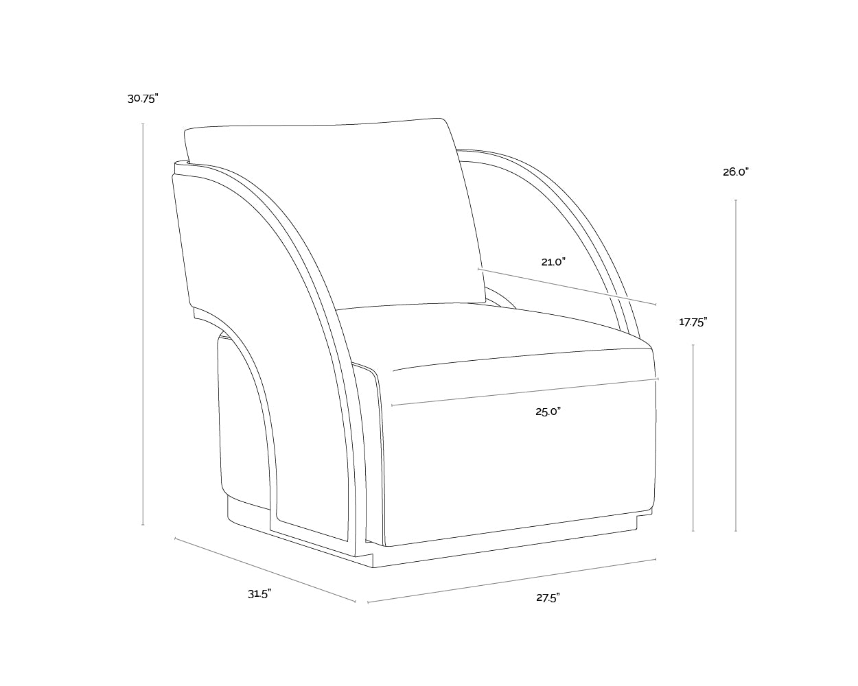 A wireframe image of the product with dimensions shown