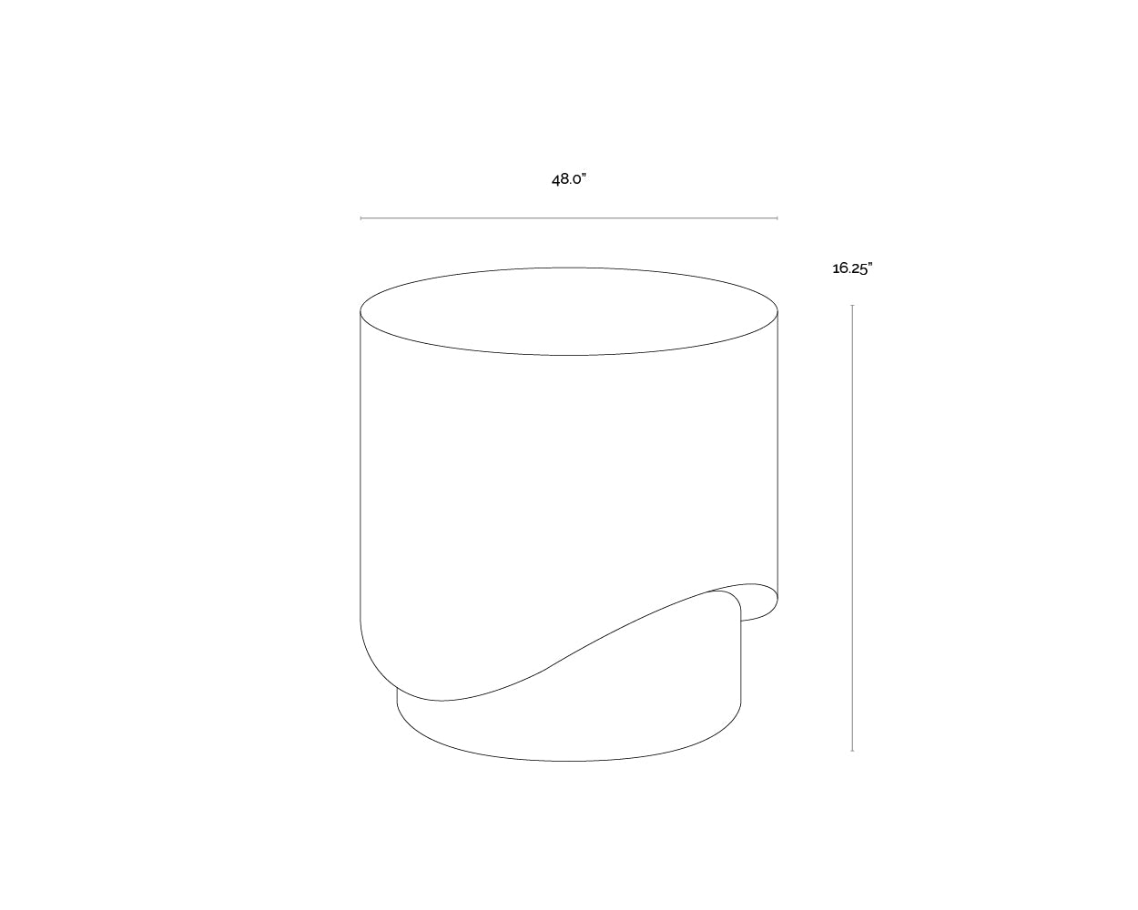 A wireframe image of the product with dimensions shown