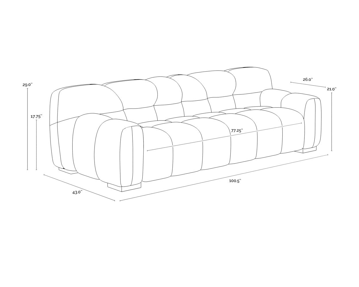 A wireframe image of the product with dimensions shown