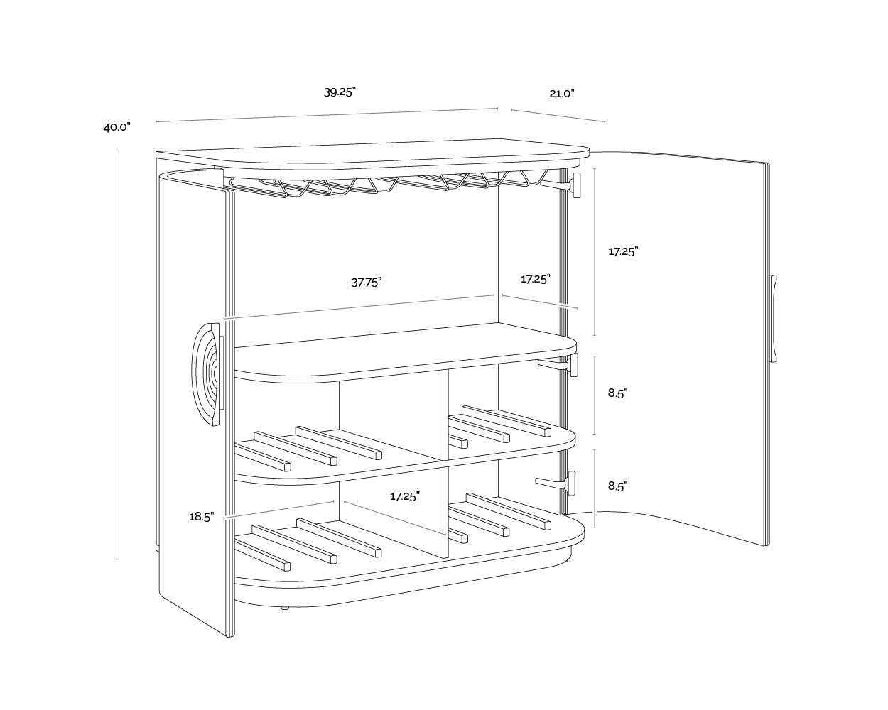 A wireframe image of the product with dimensions shown