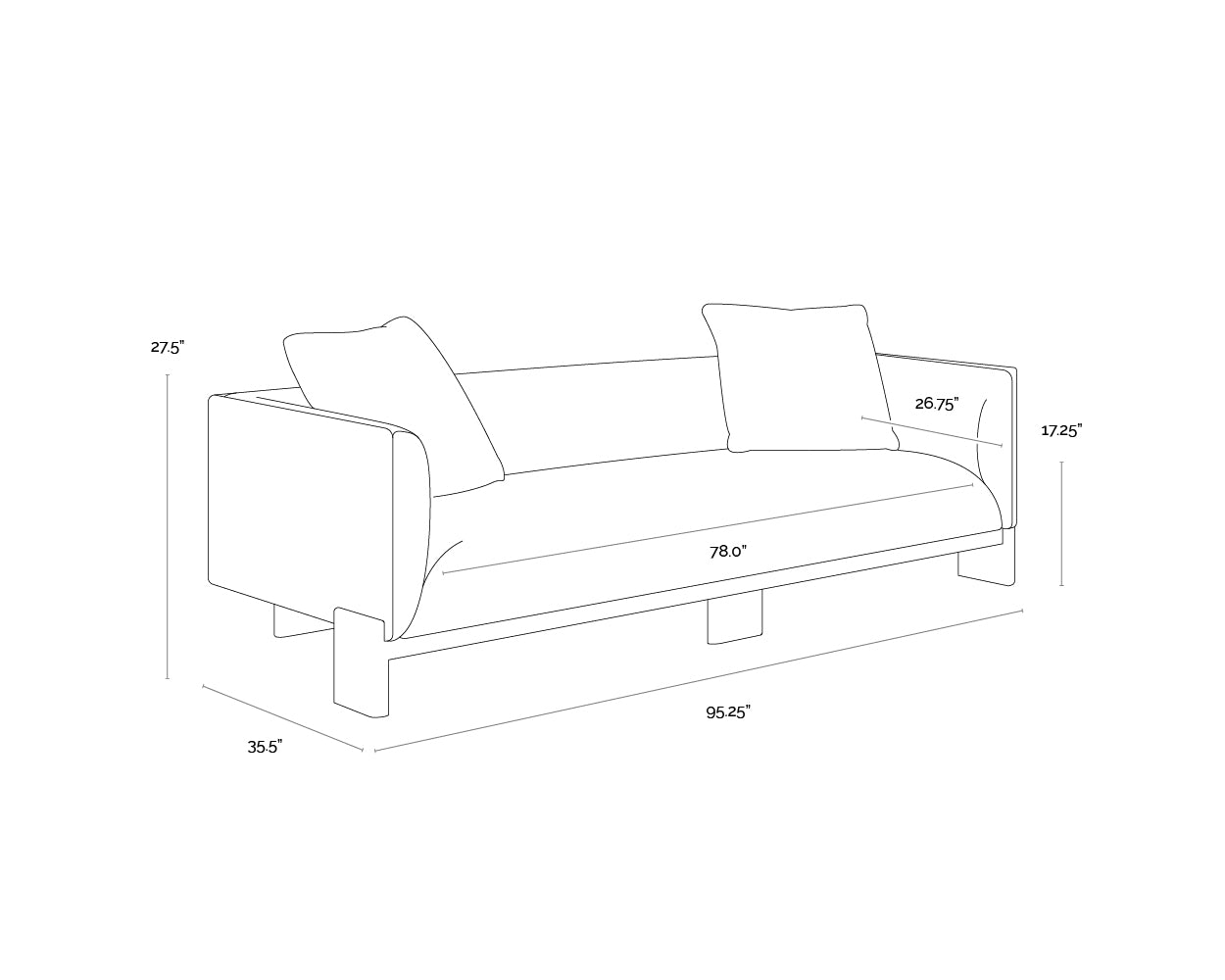 A wireframe image of the product with dimensions shown