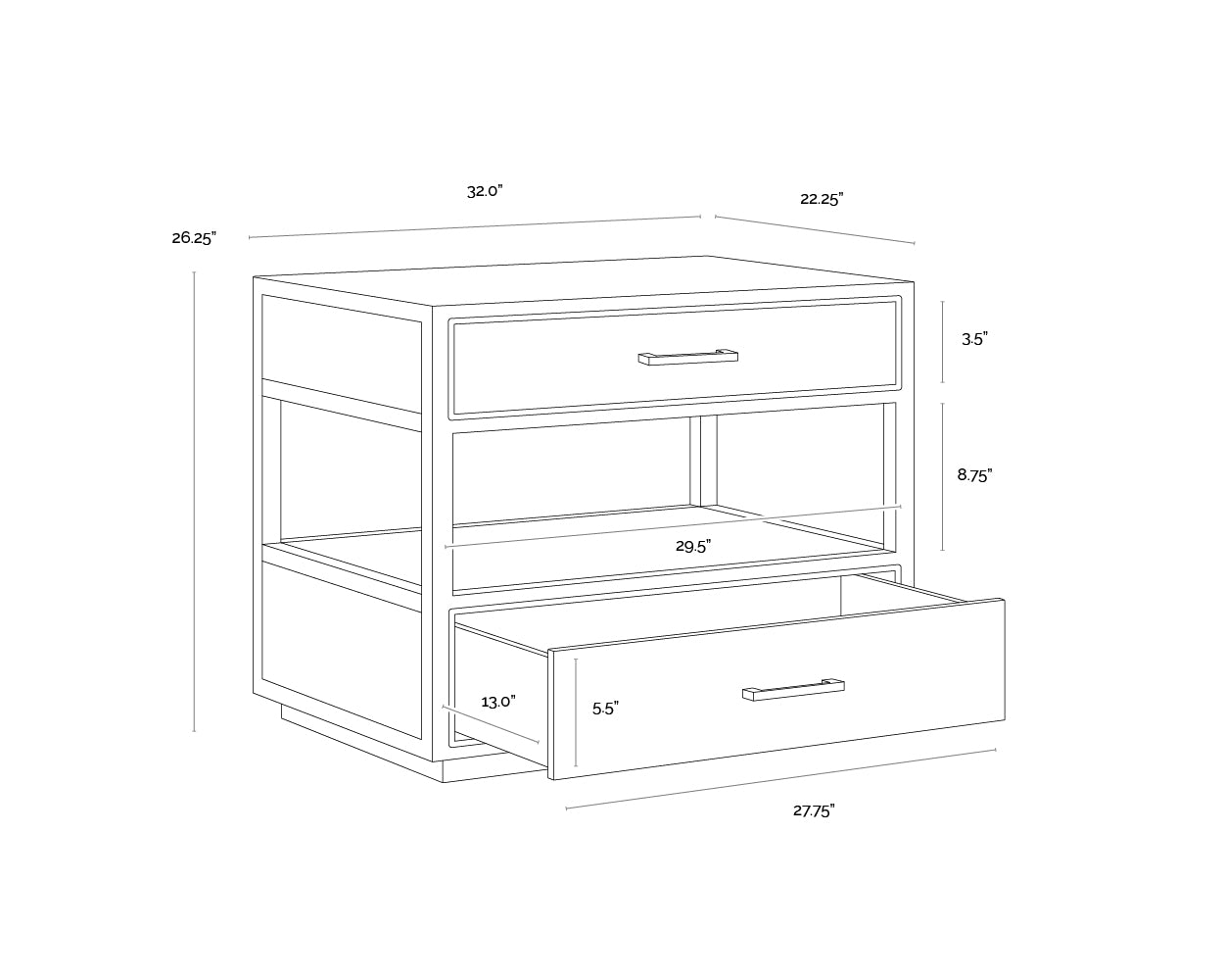 A wireframe image of the product with dimensions shown