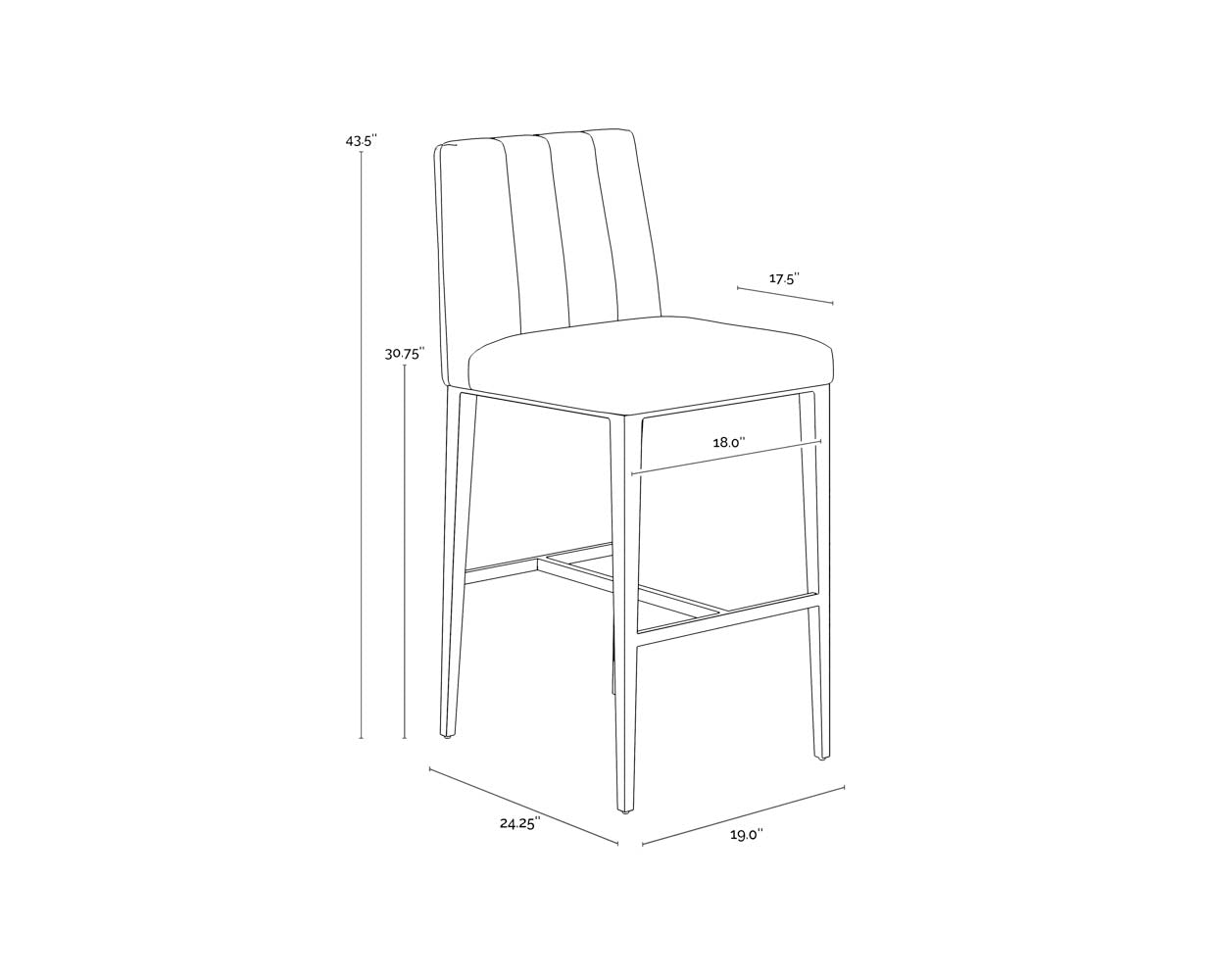 A wireframe image of the product with dimensions shown