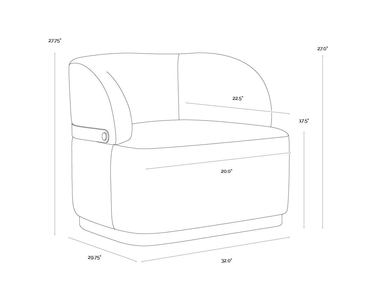 A wireframe image of the product with dimensions shown