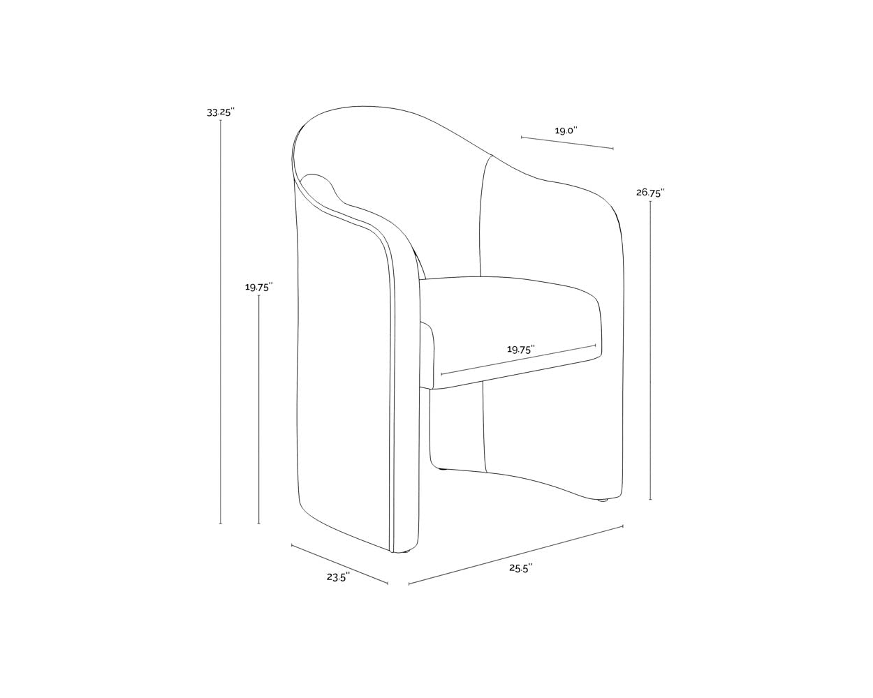 A wireframe image of the product with dimensions shown