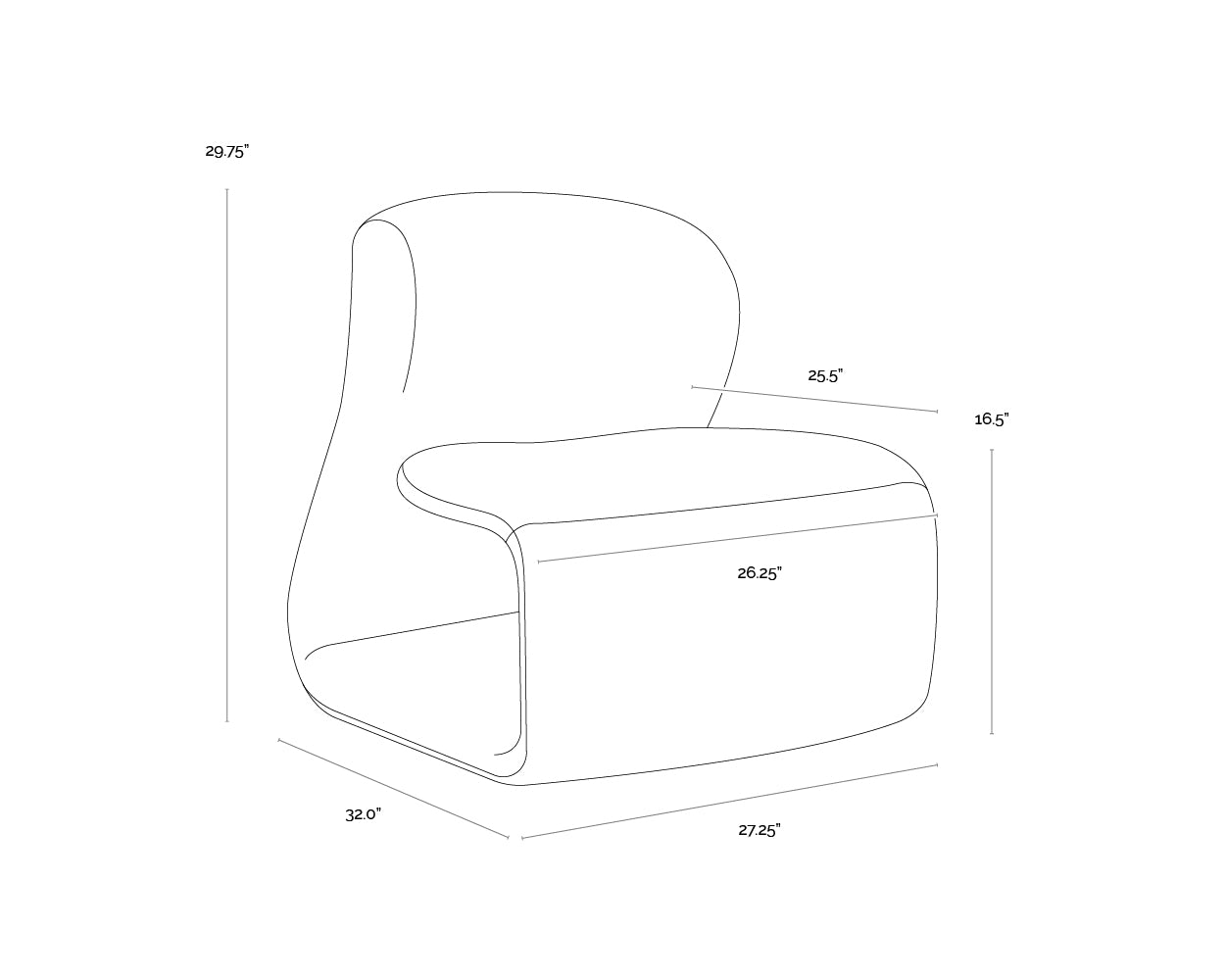 A wireframe image of the product with dimensions shown