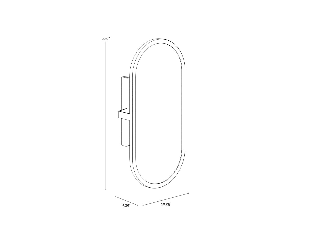 A wireframe image of the product with dimensions shown