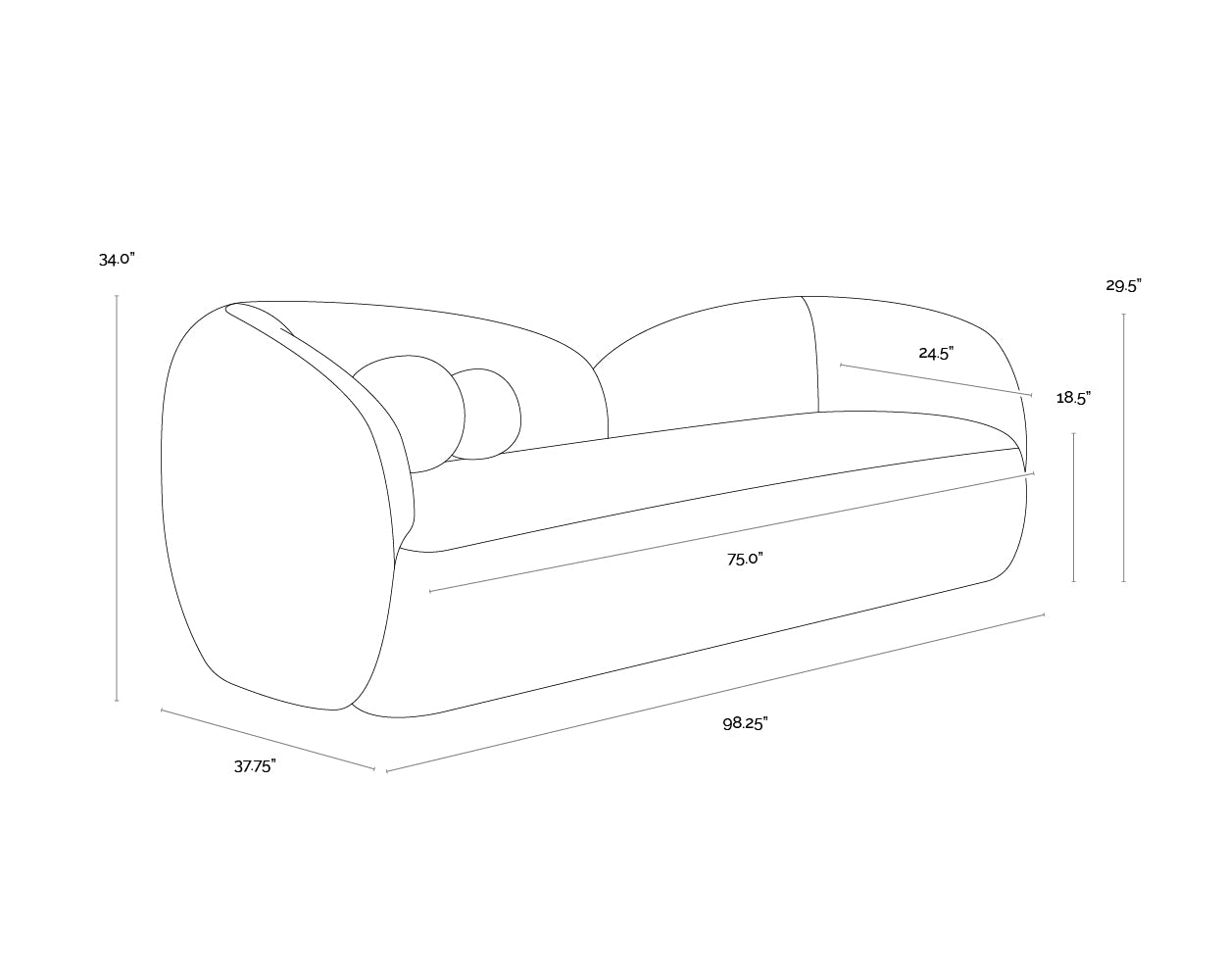 A wireframe image of the product with dimensions shown