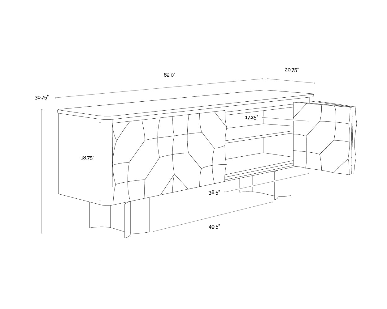 A wireframe image of the product with dimensions shown