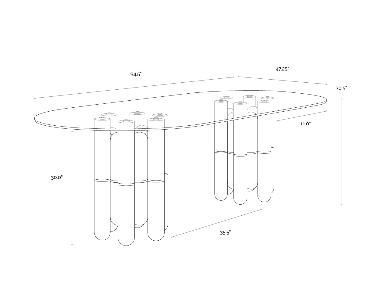 A wireframe image of the product with dimensions shown