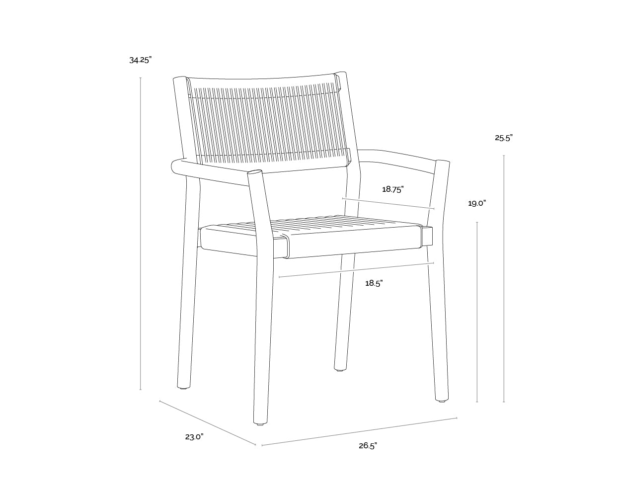 A wireframe image of the product with dimensions shown