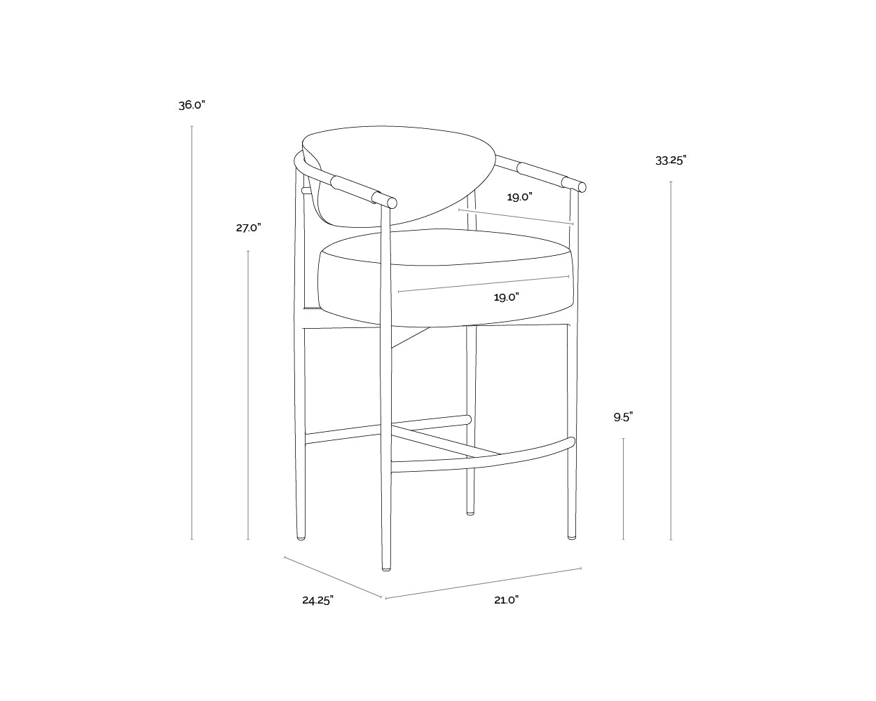 A wireframe image of the product with dimensions shown