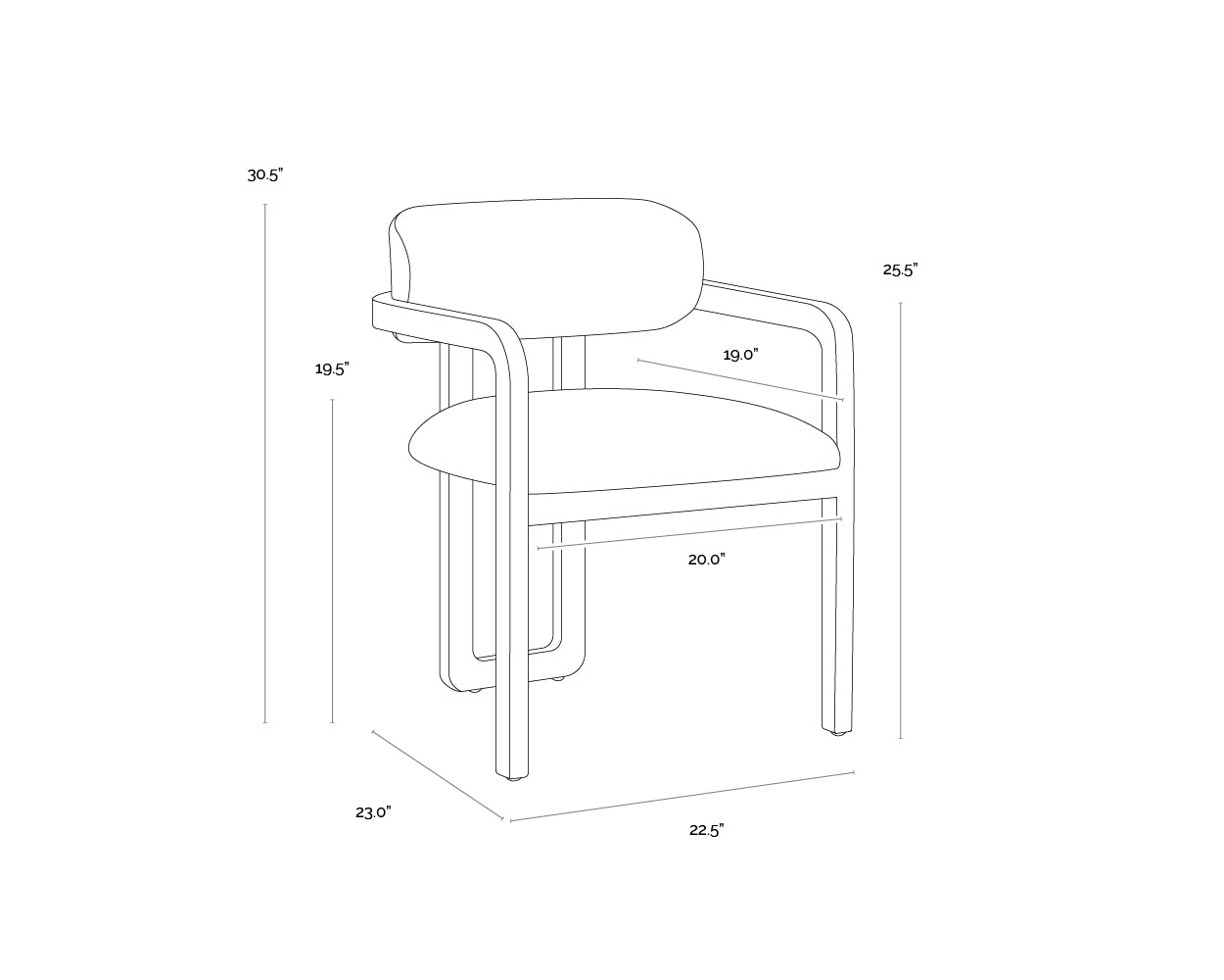 A wireframe image of the product with dimensions shown