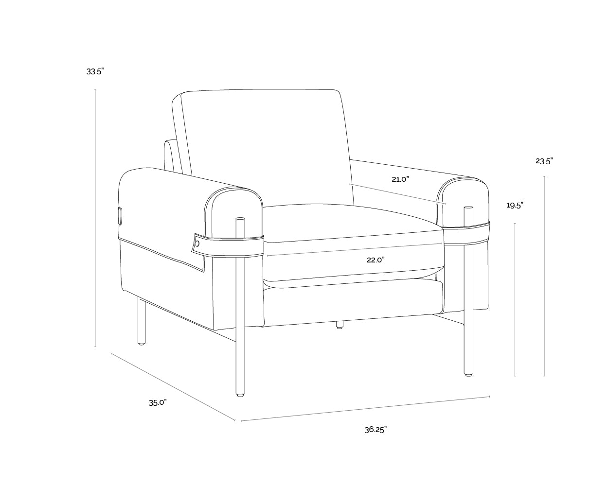 A wireframe image of the product with dimensions shown