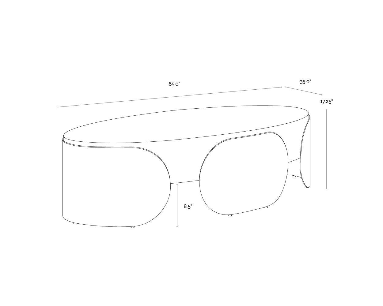 A wireframe image of the product with dimensions shown