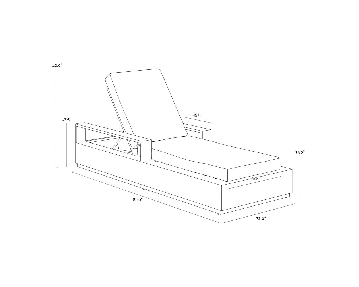 A wireframe image of the product with dimensions shown