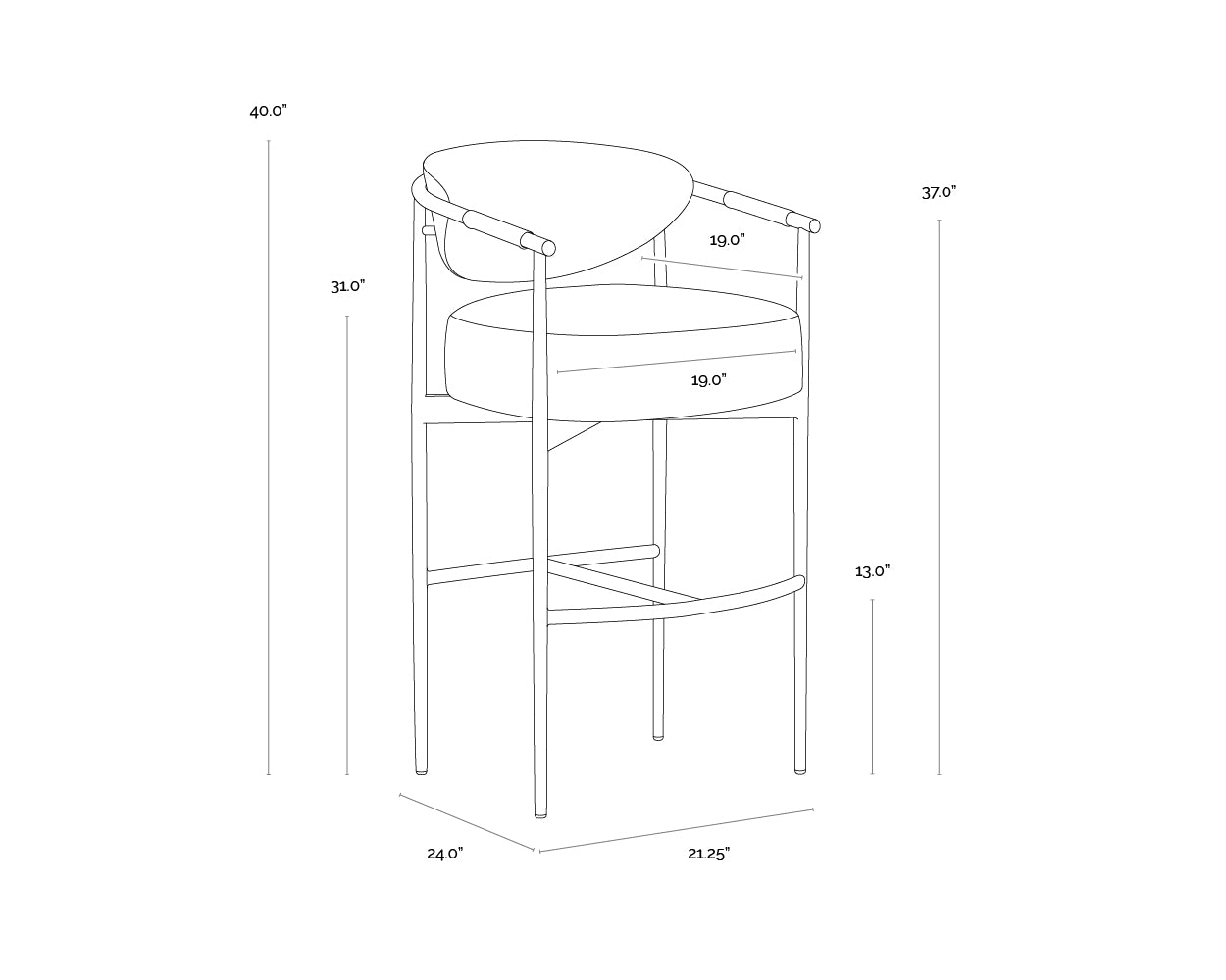 A wireframe image of the product with dimensions shown