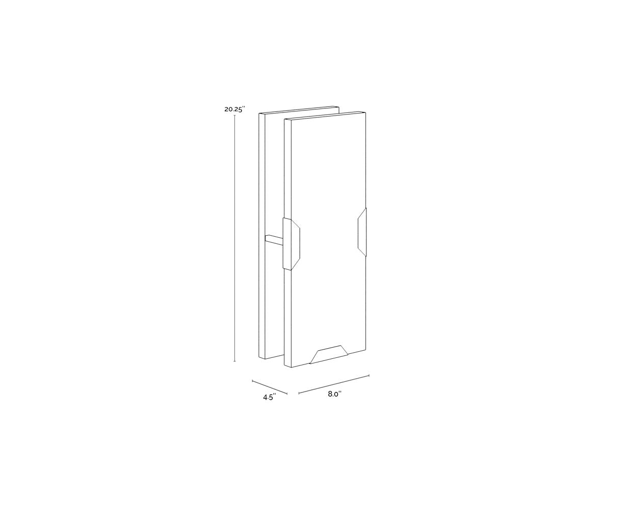 A wireframe image of the product with dimensions shown