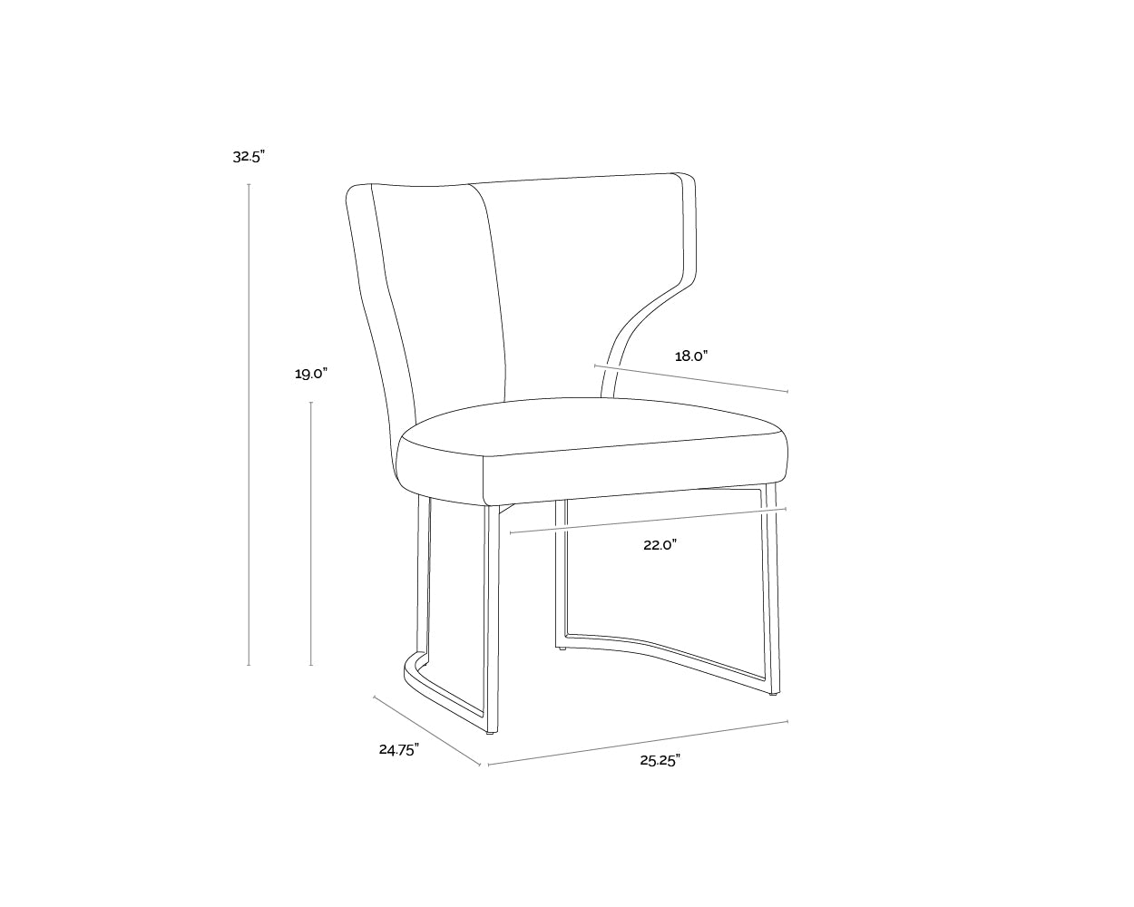 A wireframe image of the product with dimensions shown