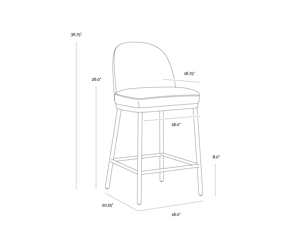 A wireframe image of the product with dimensions shown