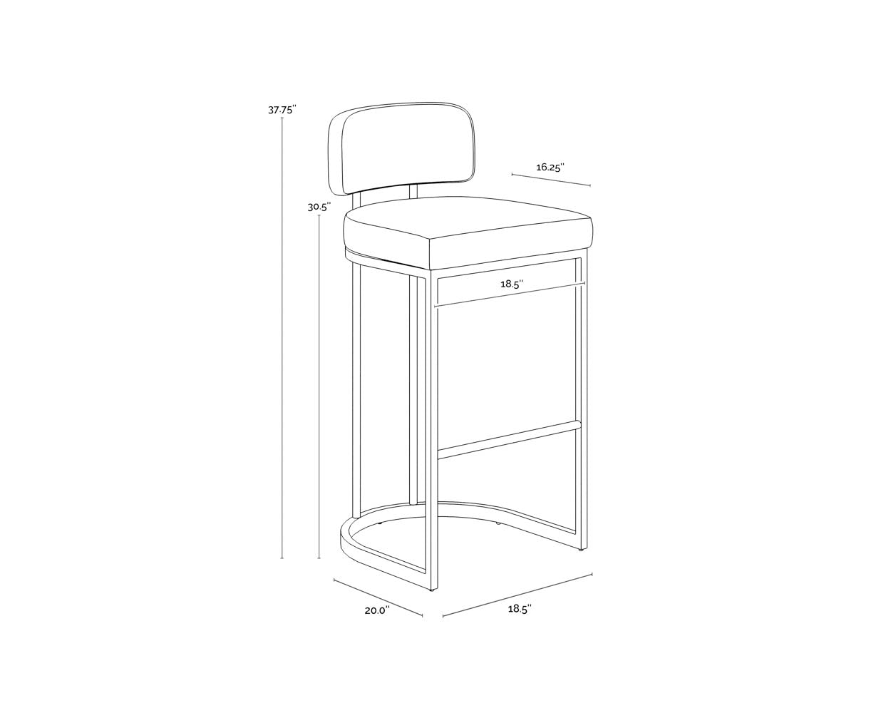 A wireframe image of the product with dimensions shown