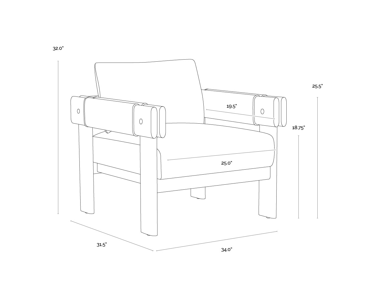 A wireframe image of the product with dimensions shown