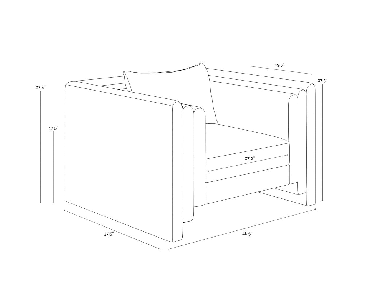 A wireframe image of the product with dimensions shown