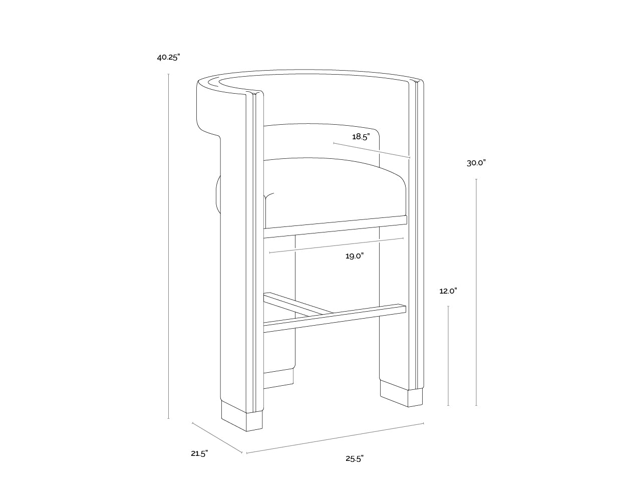 A wireframe image of the product with dimensions shown