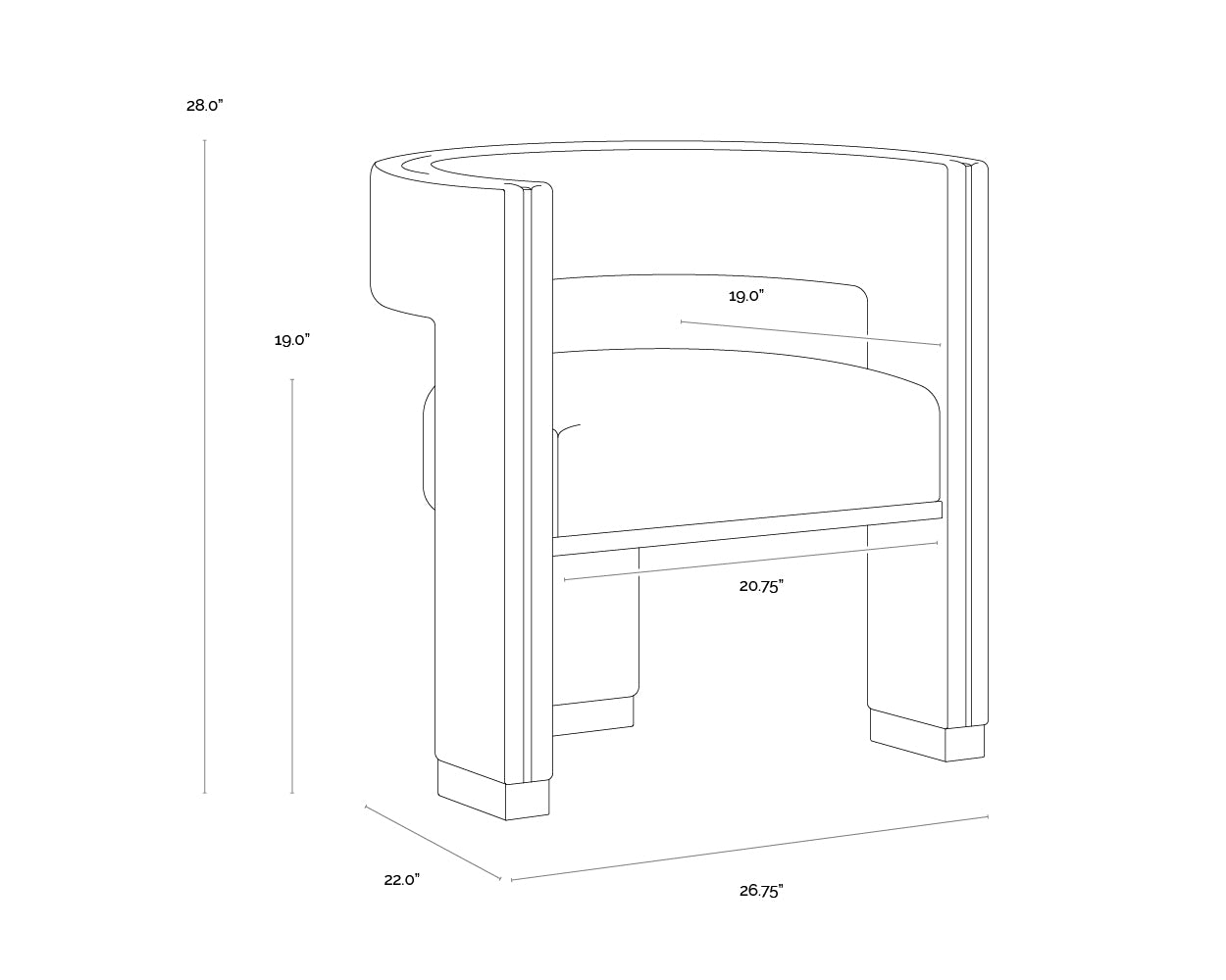 A wireframe image of the product with dimensions shown