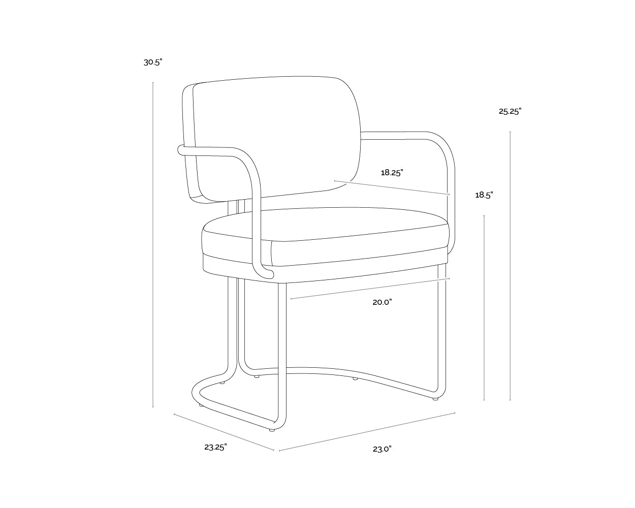 A wireframe image of the product with dimensions shown