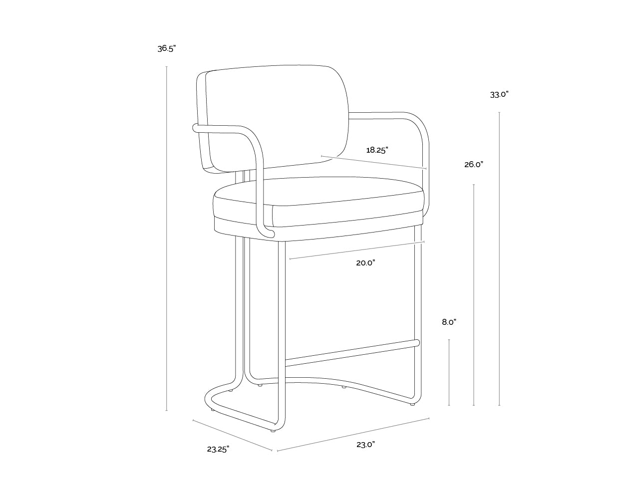 A wireframe image of the product with dimensions shown