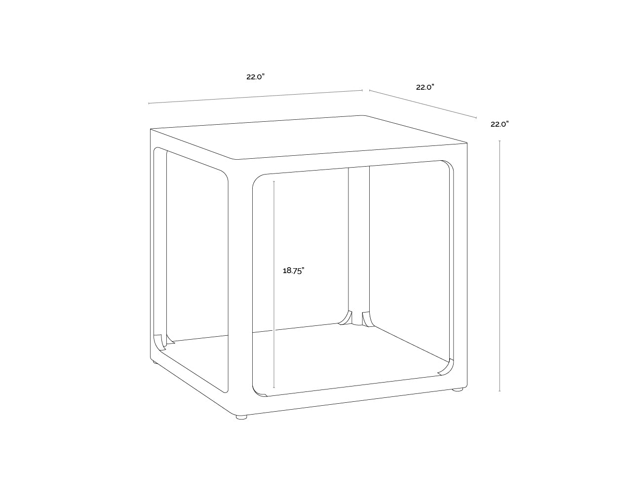 A wireframe image of the product with dimensions shown