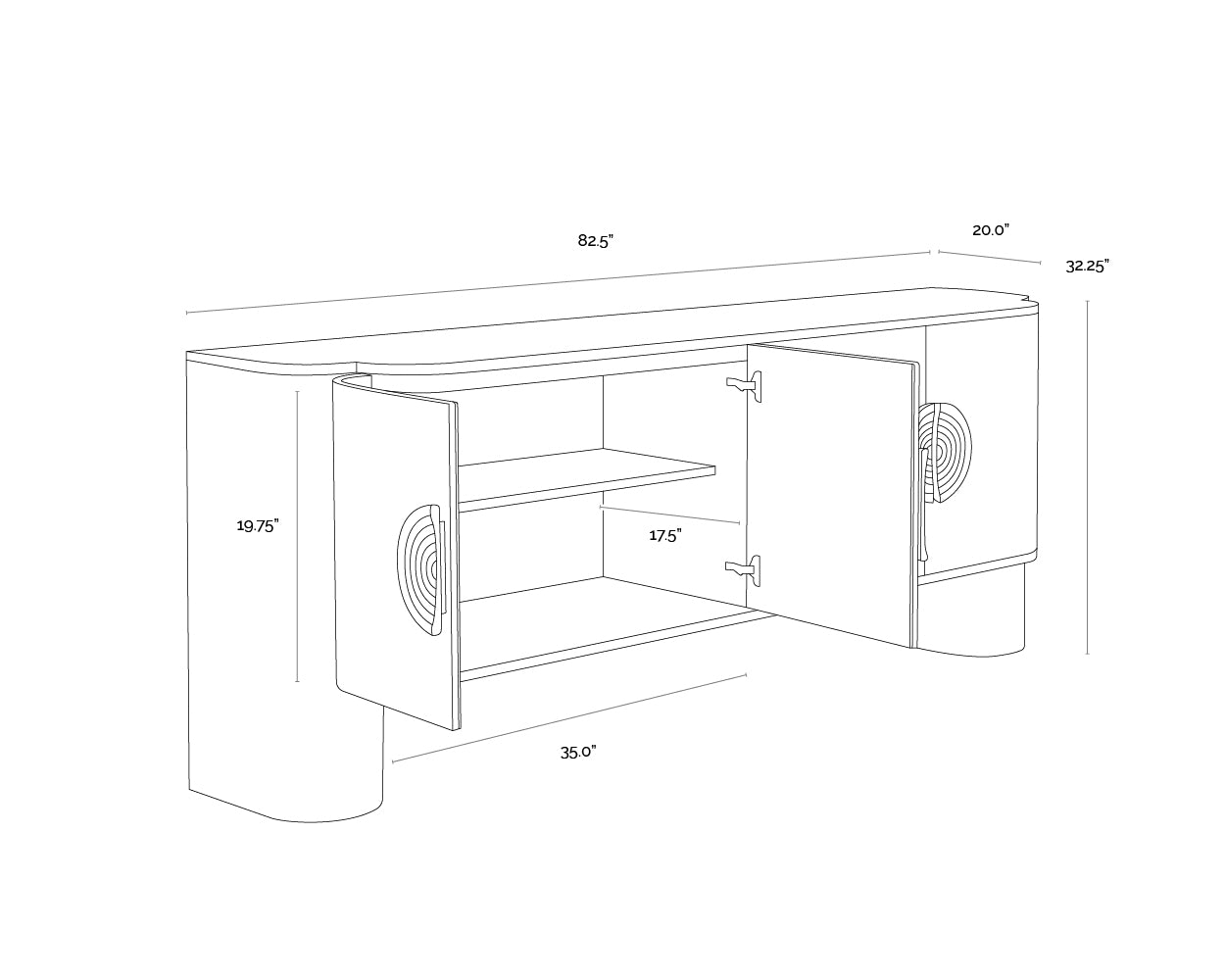 A wireframe image of the product with dimensions shown