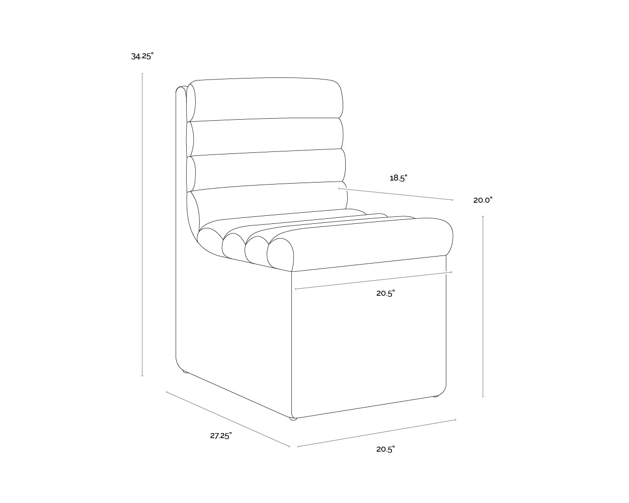 A wireframe image of the product with dimensions shown