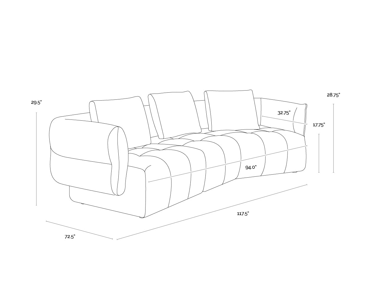 A wireframe image of the product with dimensions shown