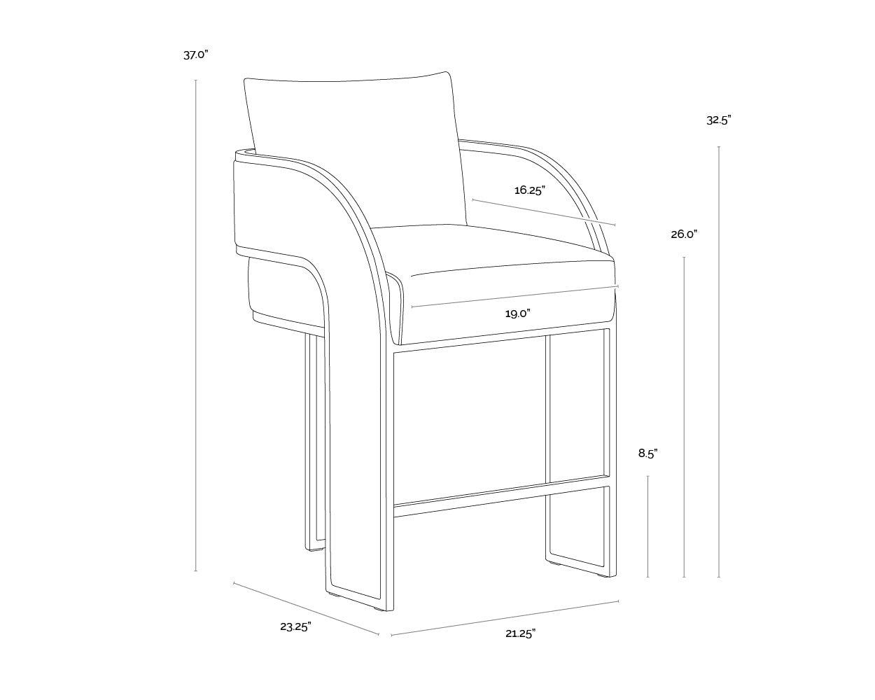 A wireframe image of the product with dimensions shown