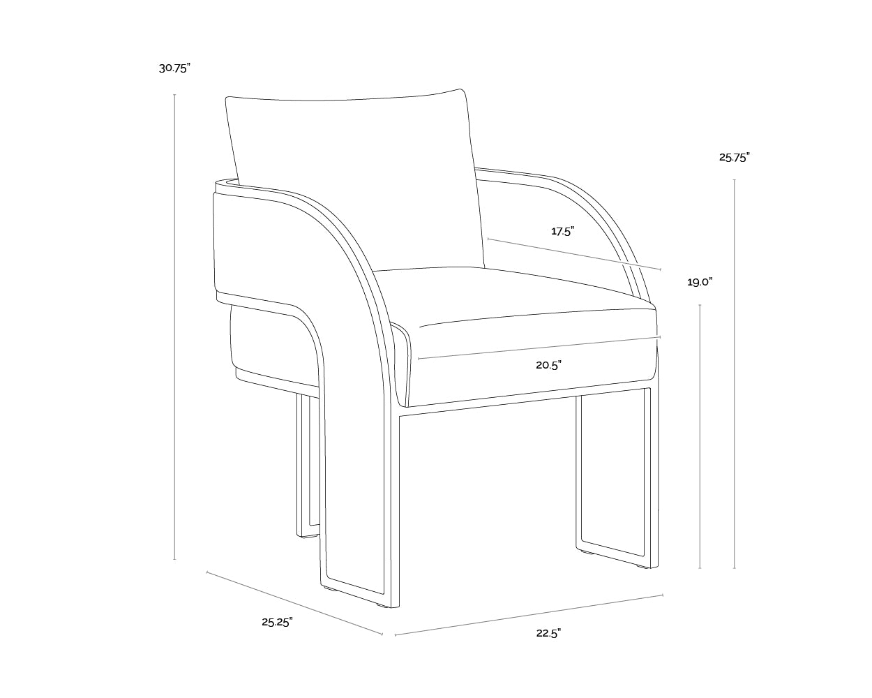 A wireframe image of the product with dimensions shown