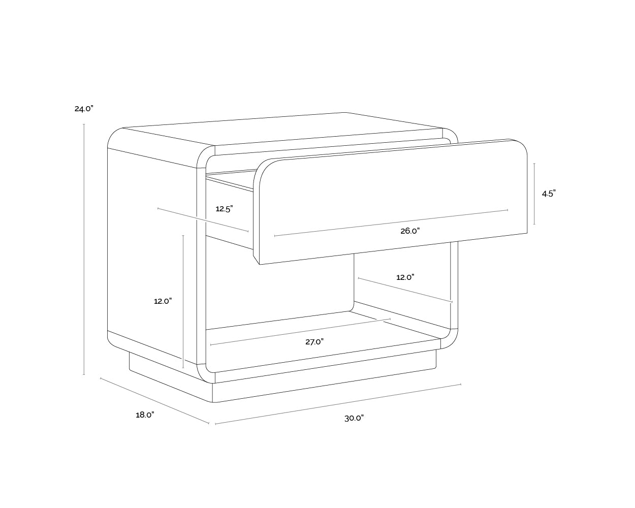 A wireframe image of the product with dimensions shown