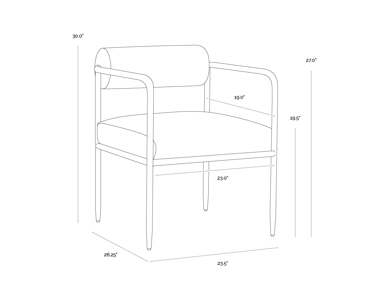 A wireframe image of the product with dimensions shown